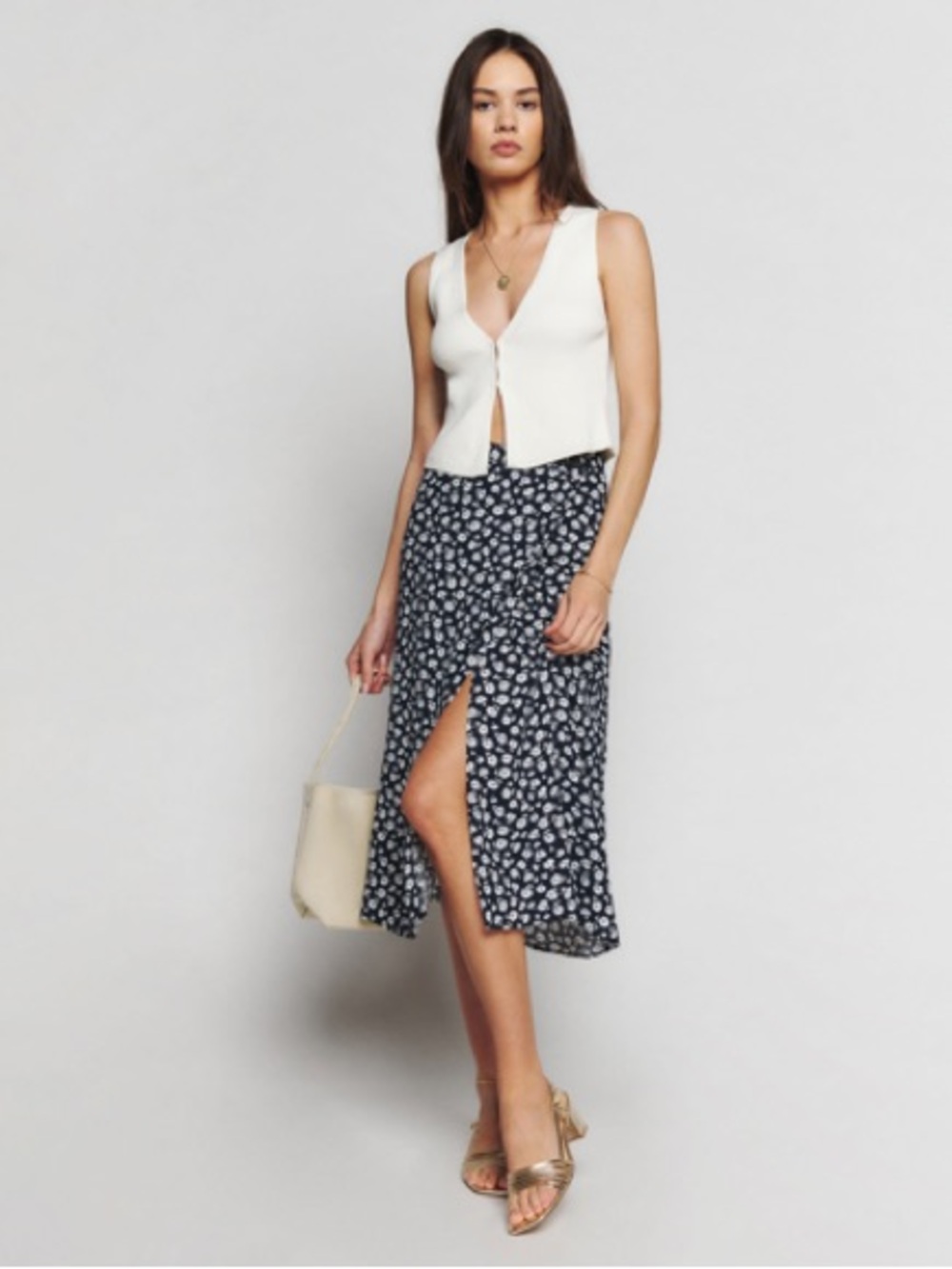 Reformation Betty Print Wrap Skirt in Rico  Daisy Floral Navy Blue White 2